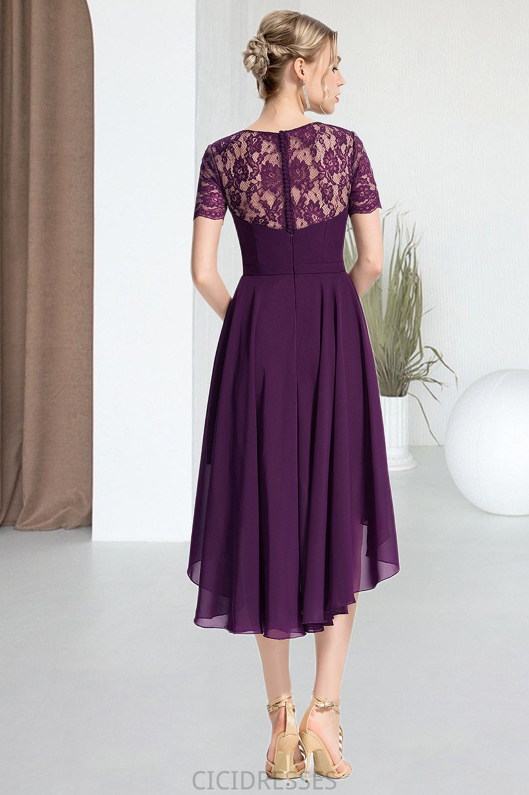 Lara A-line Scoop Asymmetrical Chiffon Lace Homecoming Dress CIC8P0020587