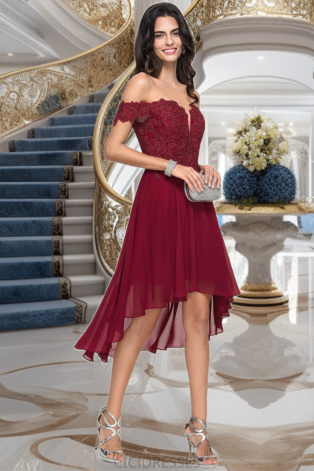 Charlize A-line Off the Shoulder Asymmetrical Chiffon Homecoming Dress With Beading CIC8P0020582