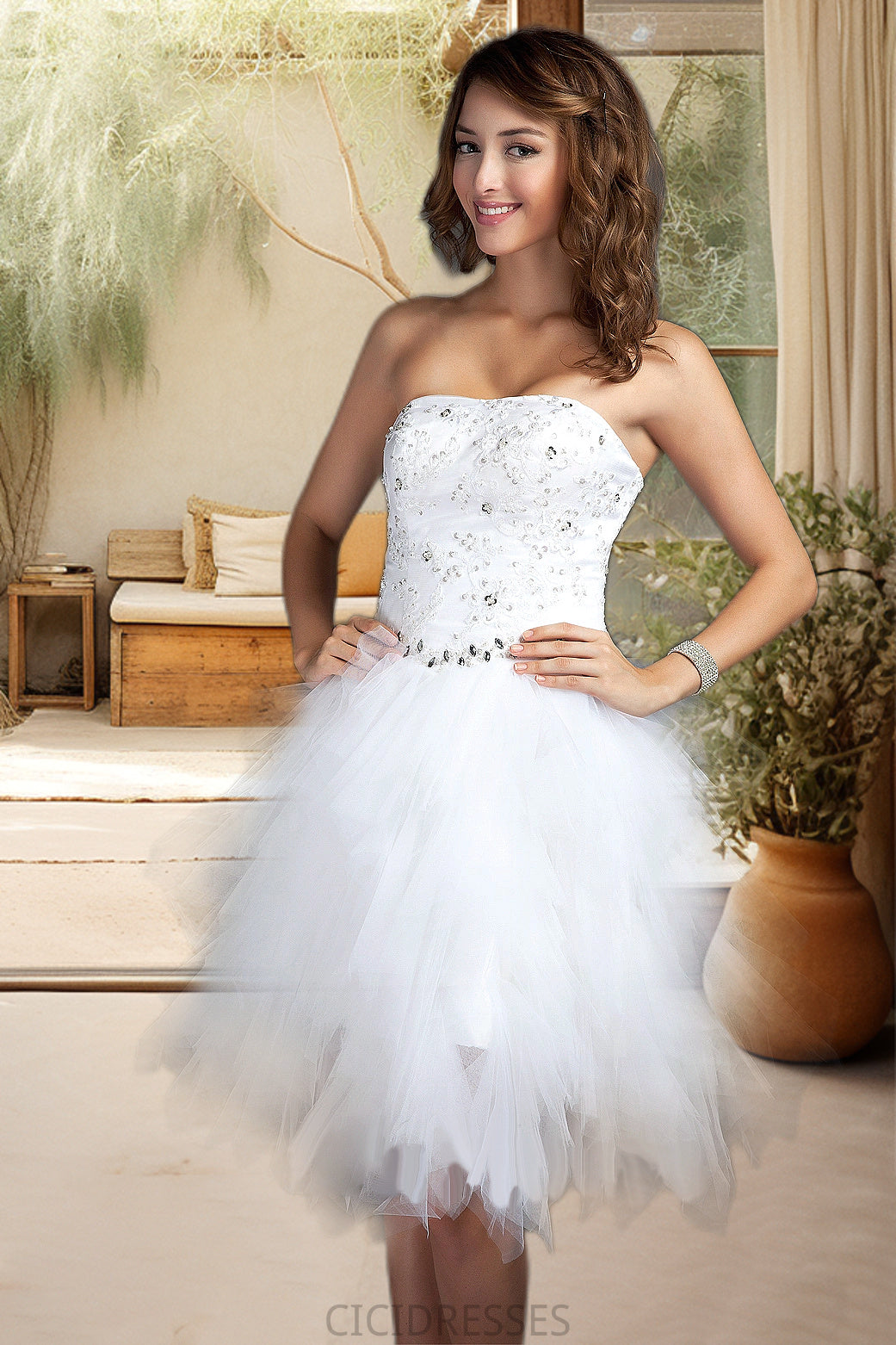Aryana A-line Sweetheart Knee-Length Satin Tulle Homecoming Dress With Beading Cascading Ruffles Appliques Lace Sequins CIC8P0020598