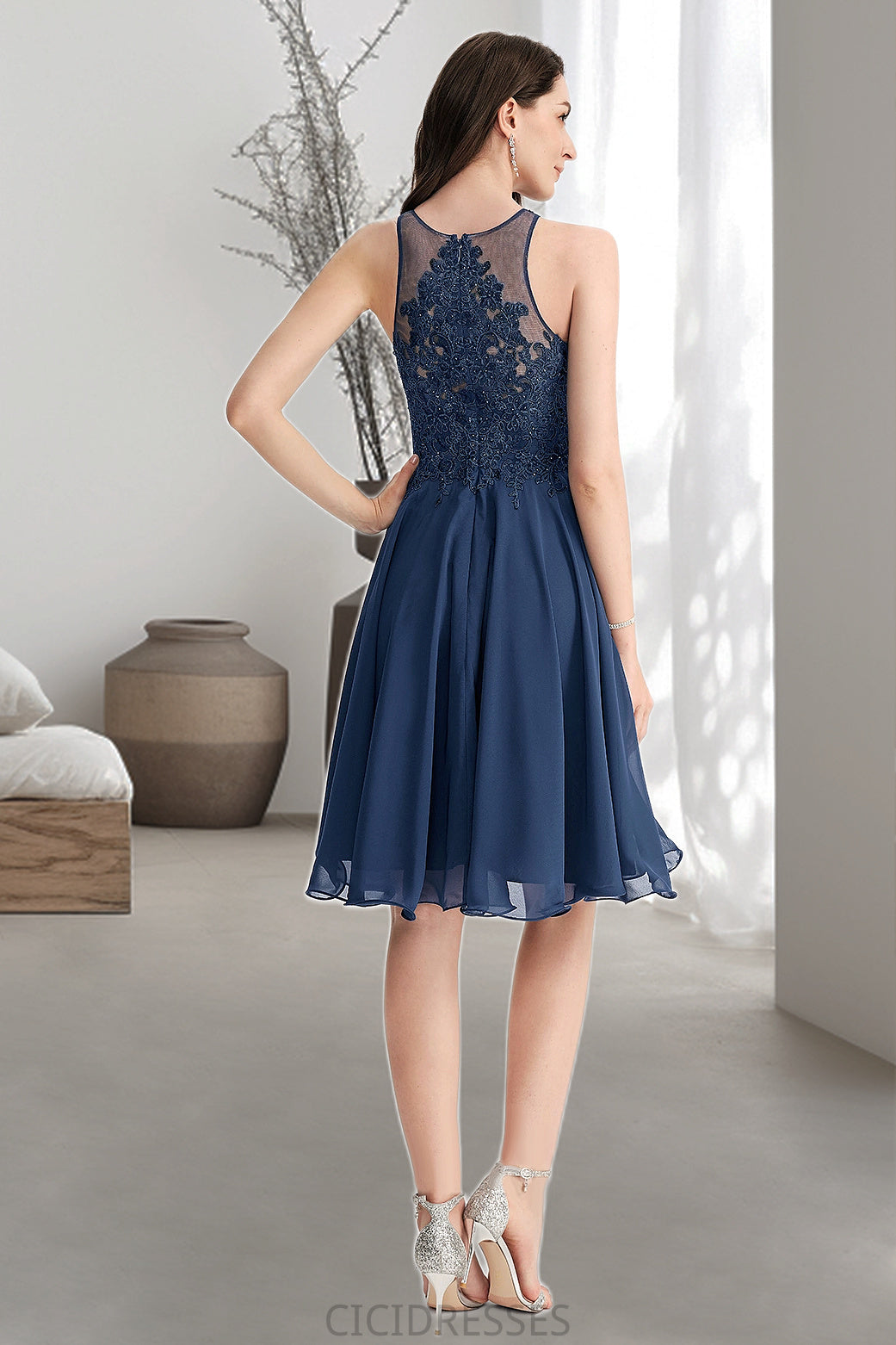 Andrea A-line Scoop Knee-Length Chiffon Lace Homecoming Dress With Beading CIC8P0020515