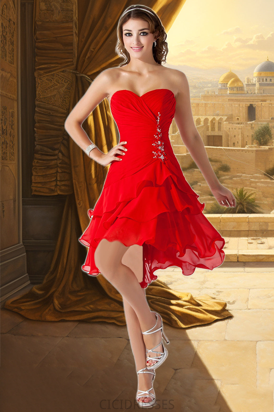 Naima A-line Sweetheart Asymmetrical Chiffon Homecoming Dress With Beading Ruffle CIC8P0020599