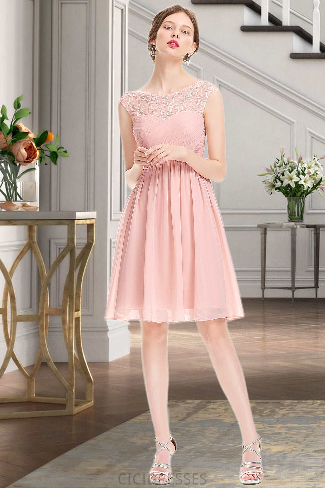 Patti A-line Scoop Knee-Length Chiffon Tulle Homecoming Dress With Beading Ruffle CIC8P0020594
