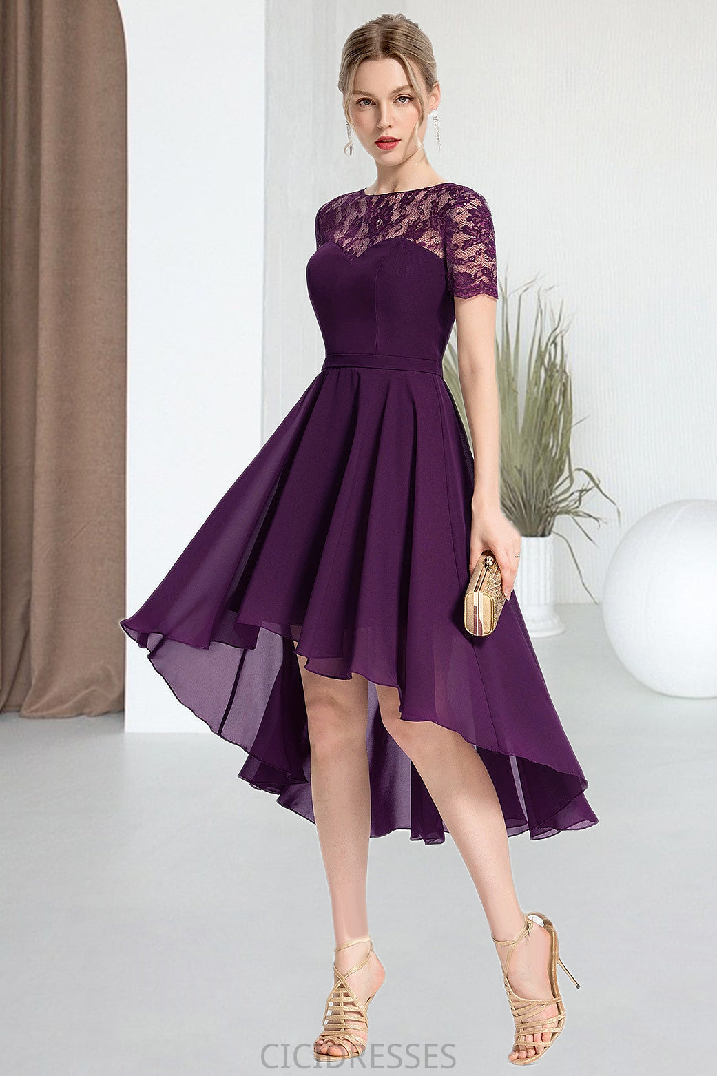 Lara A-line Scoop Asymmetrical Chiffon Lace Homecoming Dress CIC8P0020587