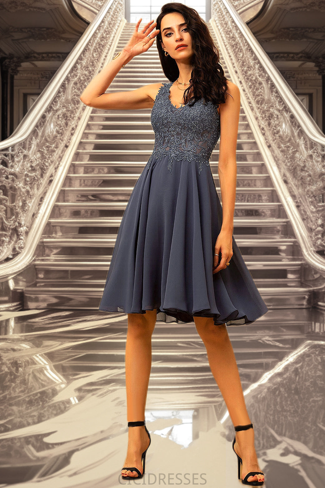 Tiffany A-line V-Neck Short/Mini Chiffon Lace Homecoming Dress With Beading CIC8P0020536