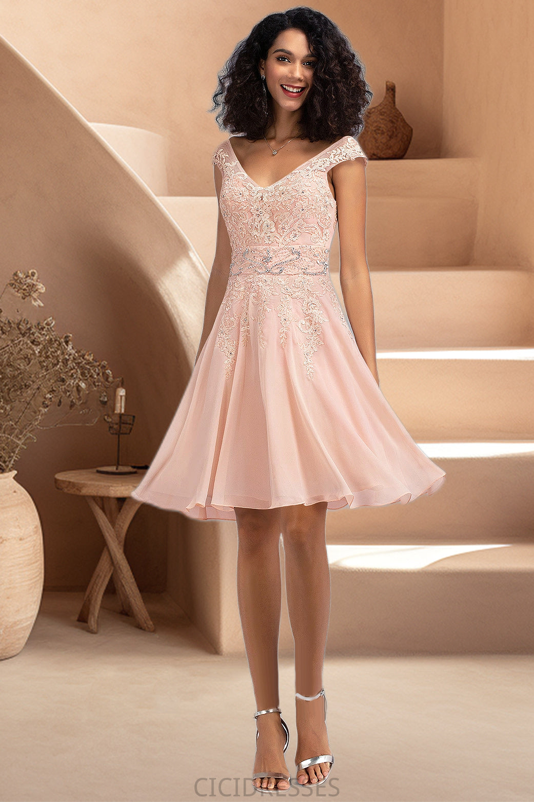 Katharine A-line V-Neck Knee-Length Chiffon Lace Homecoming Dress With Beading CIC8P0020565
