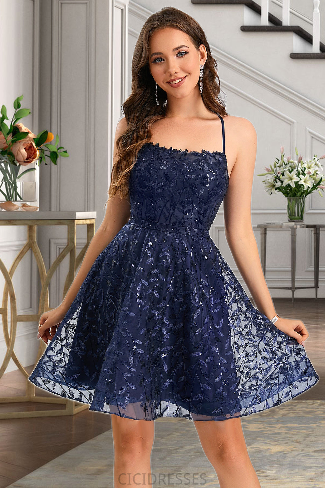 Arianna A-line Scoop Short/Mini Lace Homecoming Dress With Sequins CIC8P0020461