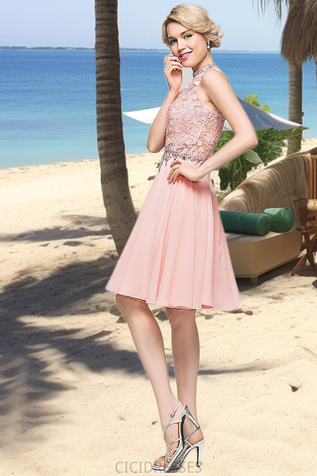 Kierra A-line High Neck Knee-Length Chiffon Lace Homecoming Dress With Beading Sequins CIC8P0020596