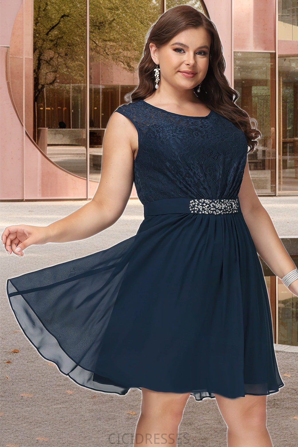 Alexus A-line Scoop Knee-Length Chiffon Lace Homecoming Dress With Beading Bow CIC8P0020588