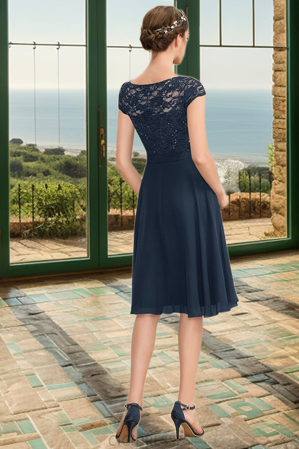Hazel A-line Scoop Knee-Length Chiffon Lace Homecoming Dress With Bow CIC8P0020581