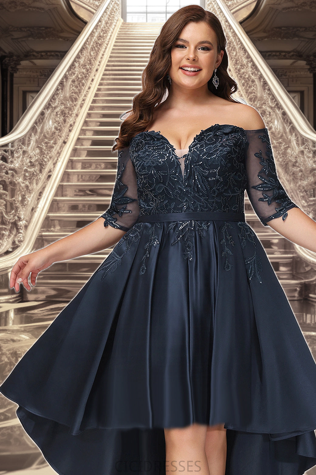 Aleena A-line Off the Shoulder Asymmetrical Lace Satin Homecoming Dress With Sequins CIC8P0020580