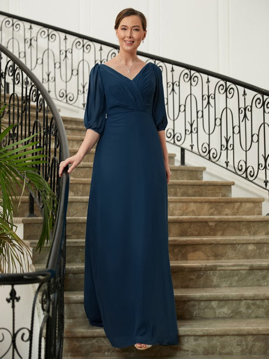 Madeleine A-Line/Princess Chiffon Ruched V-neck 1/2 Sleeves Floor-Length Mother of the Bride Dresses CIC8P0020344