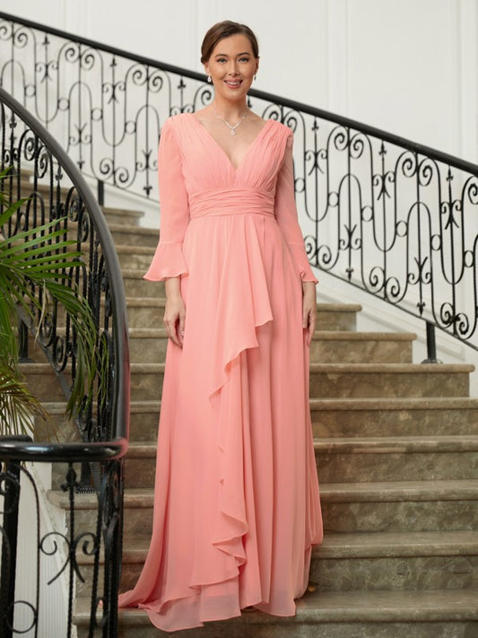 Skylar A-Line/Princess Chiffon Ruched V-neck Long Sleeves Sweep/Brush Train Mother of the Bride Dresses CIC8P0020305