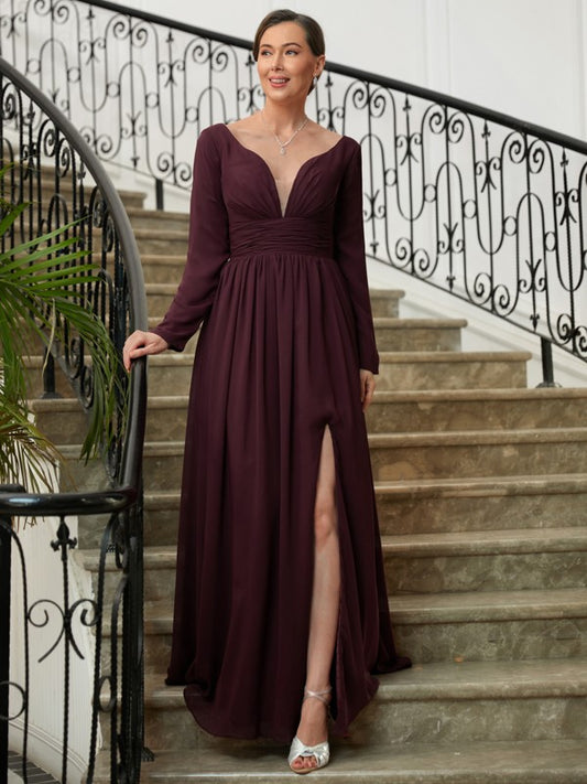 Genesis A-Line/Princess Chiffon Ruched V-neck Long Sleeves Floor-Length Mother of the Bride Dresses CIC8P0020345