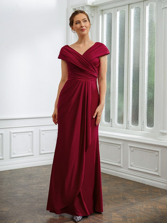Pru Sheath/Column Jersey Ruched V-neck Short Sleeves Floor-Length Mother of the Bride Dresses CIC8P0020252