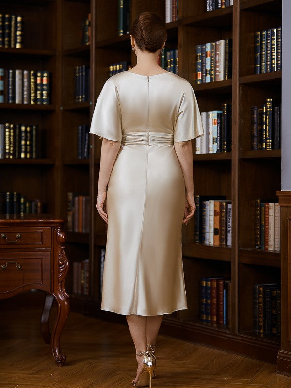 Thea Sheath/Column Elastic Woven Satin Ruched Scoop Short Sleeves Tea-Length Mother of the Bride Dresses CIC8P0020242