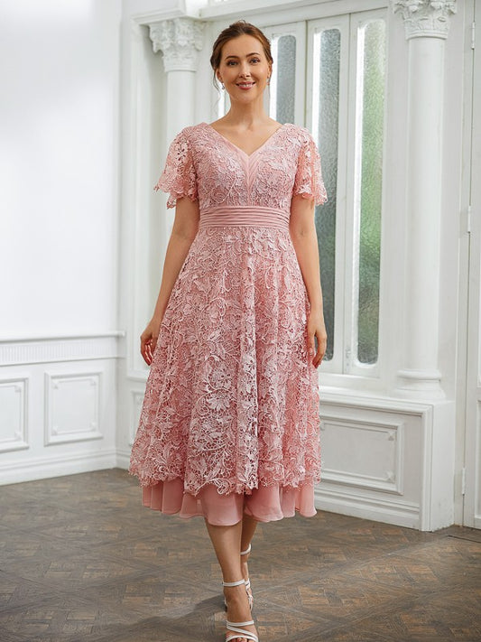 Thalia A-Line/Princess Chiffon Applique V-neck Short Sleeves Tea-Length Dresses CIC8P0020244