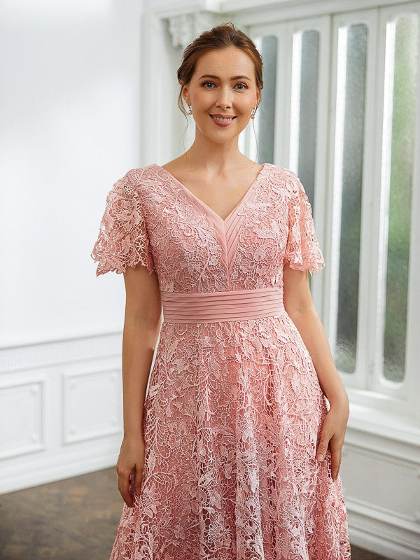 Thalia A-Line/Princess Chiffon Applique V-neck Short Sleeves Tea-Length Dresses CIC8P0020244