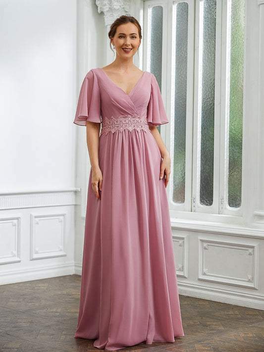 Everleigh A-Line/Princess Chiffon Ruched V-neck 1/2 Sleeves Floor-Length Mother of the Bride Dresses CIC8P0020248