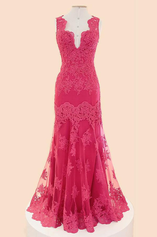 Deep V-neck Fuchsia Mermaid Long Lace Prom Dresses ED1032