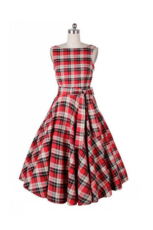 Vintage Scoop Neck Plaid Dress For Women SD08