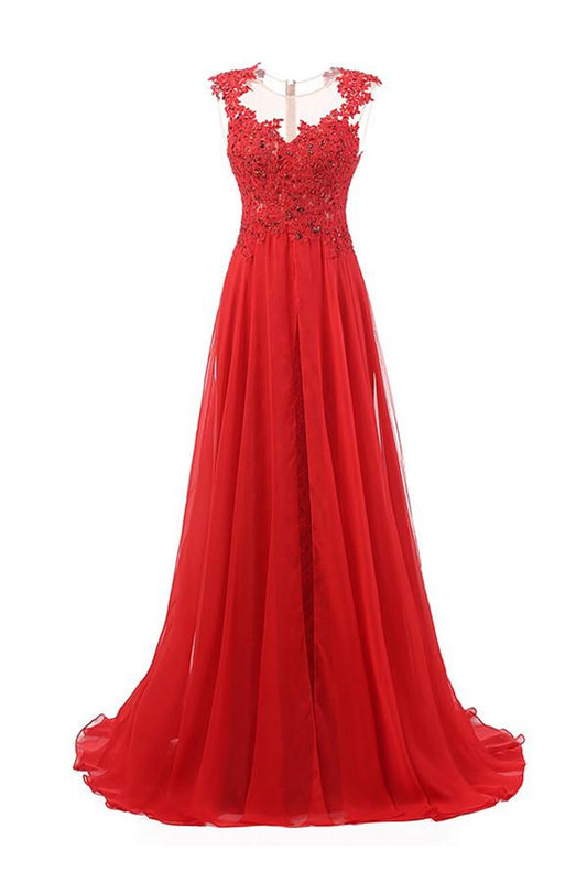 Sweep Train Chiffon Sleeveless Red Prom Dresses Evening Dress S01