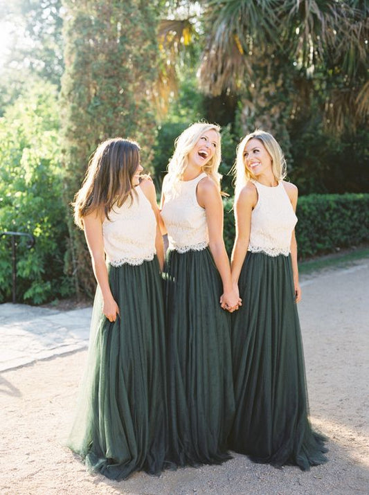 New Arrival A Line Tulle Dark Green Lace Long Bridesmaid Dresses