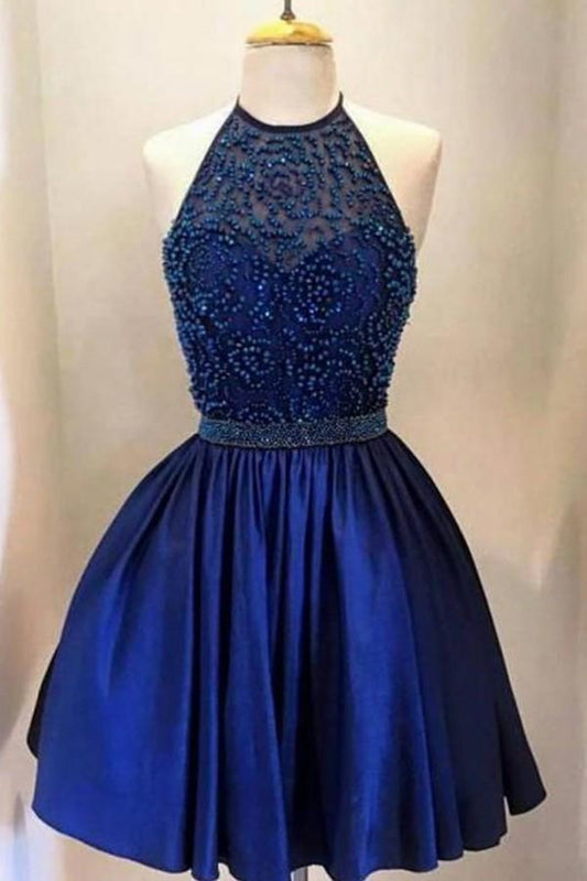 Royal Blue Short Prom Dress,Beading Halter Short Backless Satin Homecoming Dress,Cocktail Dress,ED17