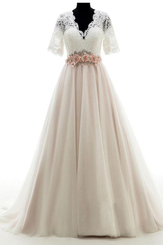 V-neck Court Train Lace Beading Wedding Dresses,Short Sleeves Prom Dress