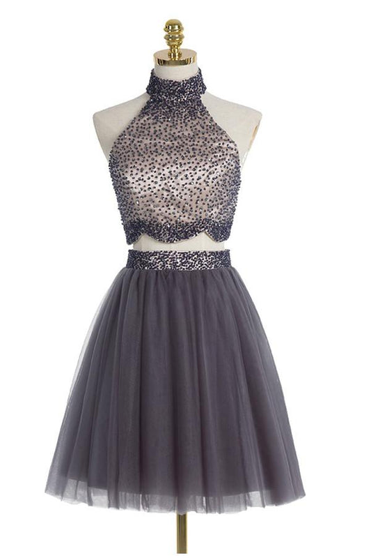 Two piece High Neck Gray Beading Homecoming Dresses ED28