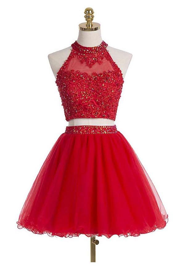 Two piece Scoop Red Beading Homecoming Dresses Prom Dresses ED99