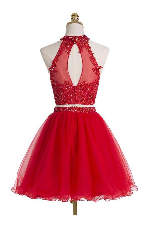 Two piece Scoop Red Beading Homecoming Dresses Prom Dresses ED99