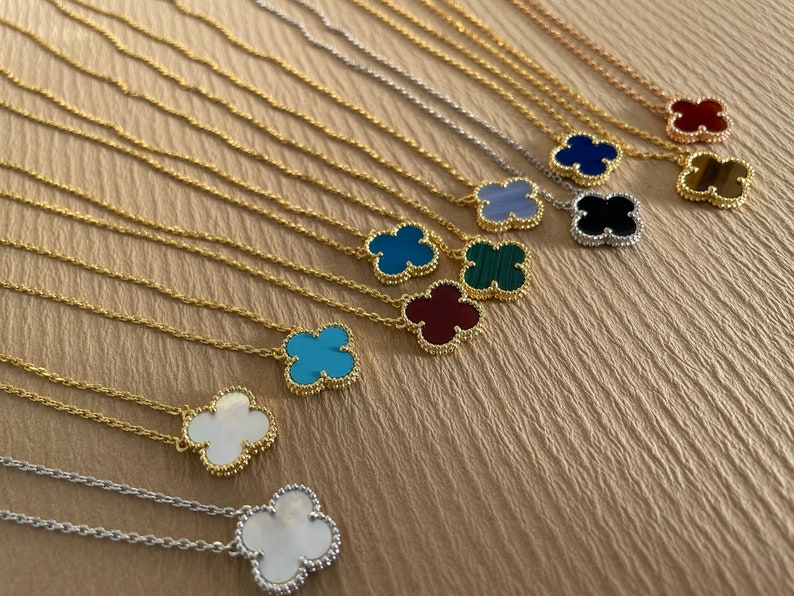 Single Stone Pendant Necklace 18K Gold Plated Handmade, 4 Leaf Clover Pendants Necklace For Women