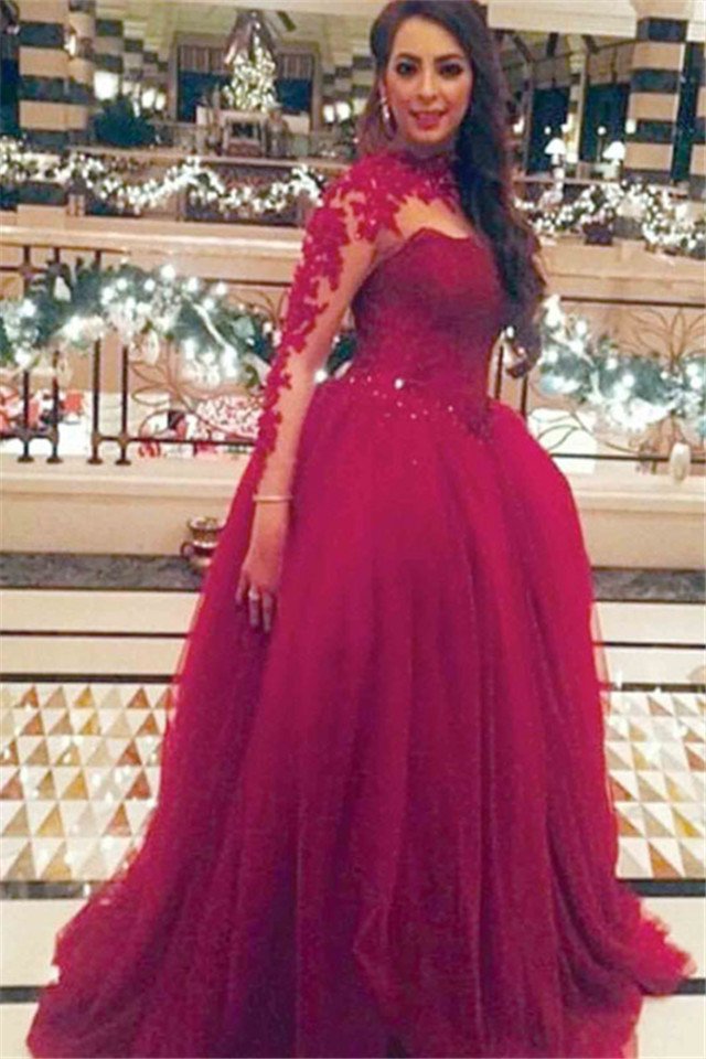 Long Sleeve Ball Gown Natural Appliques Tulle Burgundy Prom Dresses