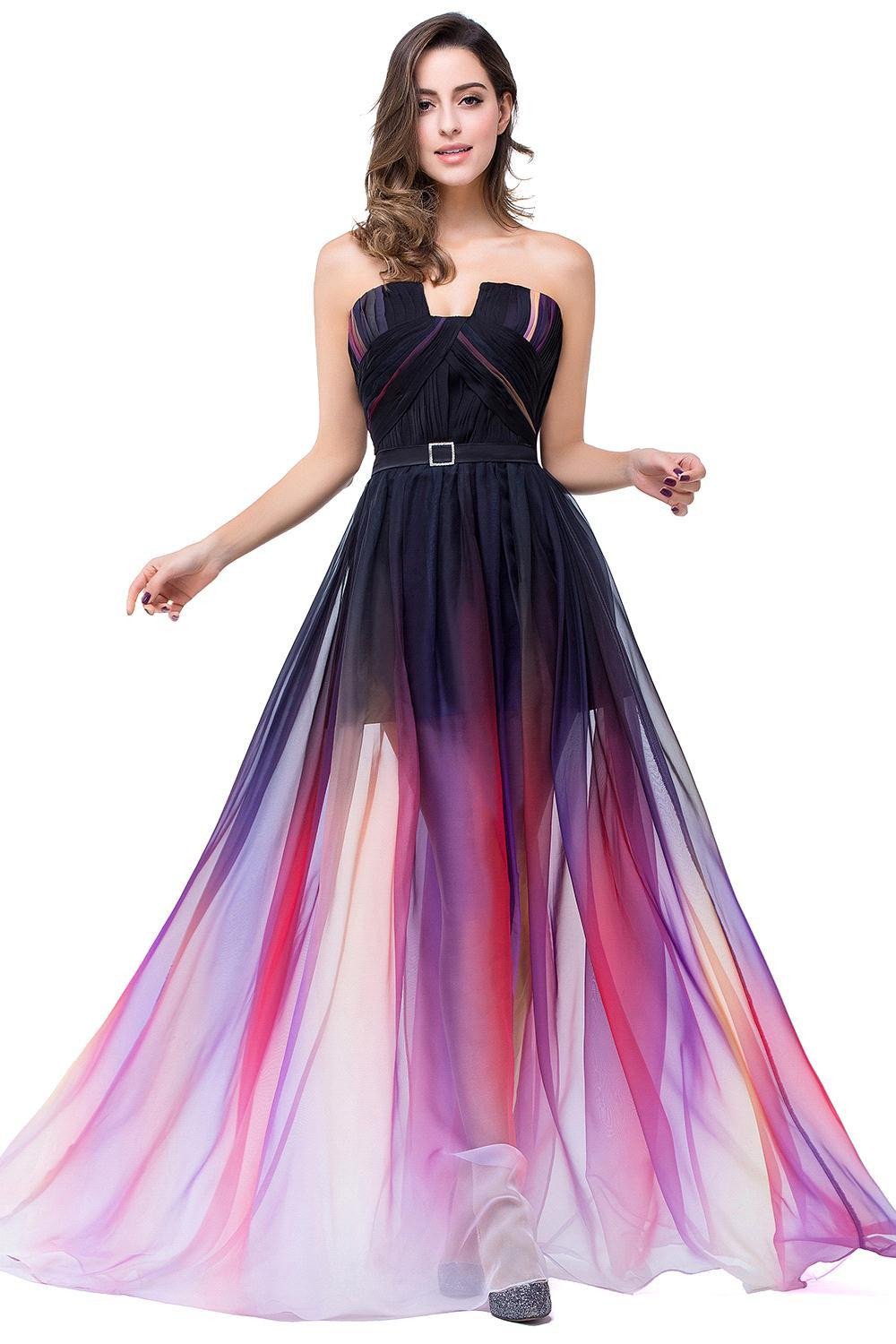 A-line Ombre Notched Backless Long Gradient Chiffon Modest Prom Dresses SM2