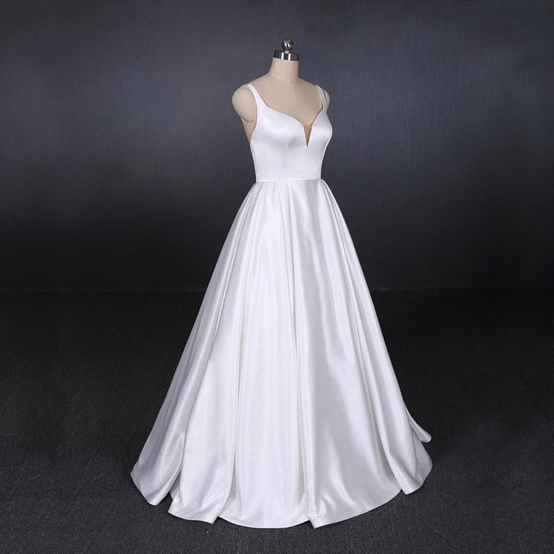 Simple Straps White Satin Wedding Dresses, Floor Length Satin Backless Bridal Dresses N2356