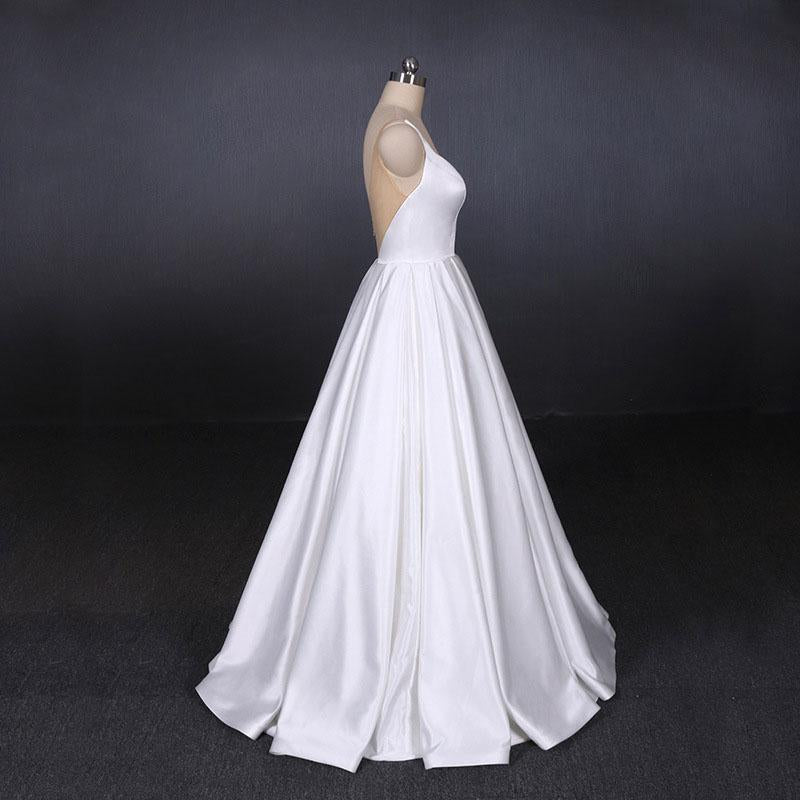 Simple Straps White Satin Wedding Dresses, Floor Length Satin Backless Bridal Dresses N2356