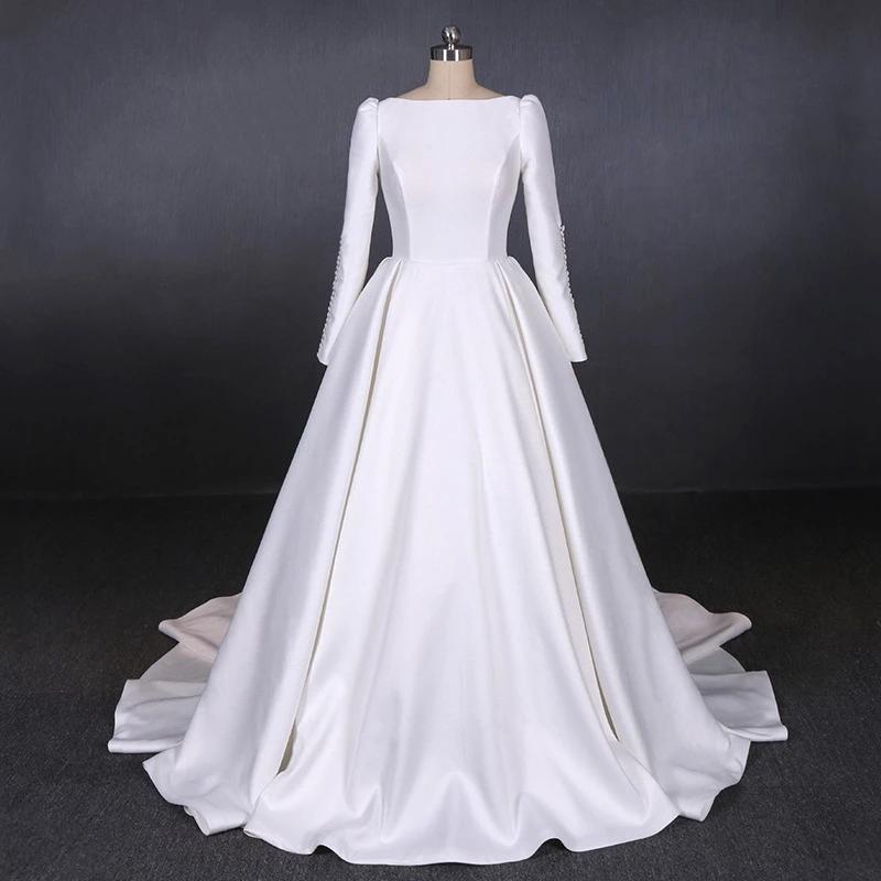 Cheap Long Sleeves Satin White Wedding Dress, Simple Backless Bridal Dresses N2301