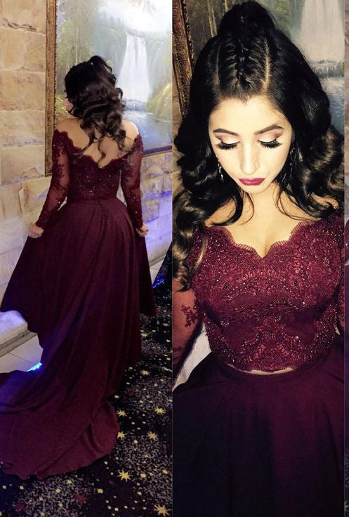 2024 Siren Princess/A-Line Satin Burgundy Long Sleeves Prom Dresses Two Pieces