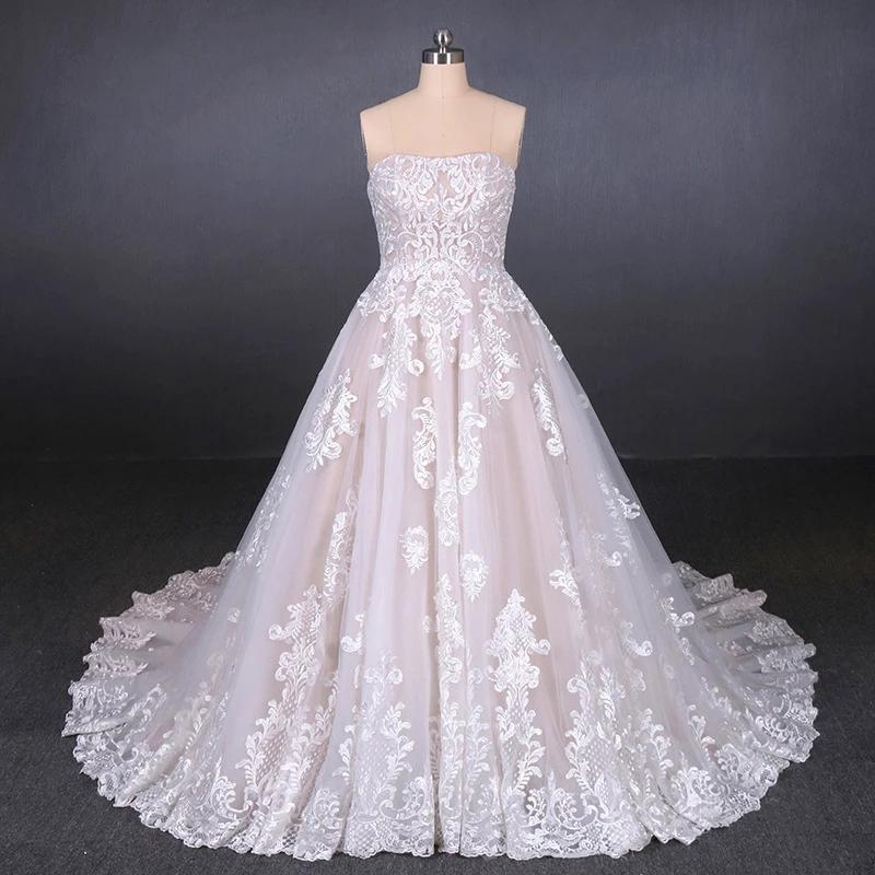 Puffy Strapless Tulle Wedding Dress with Lace Appliques, Long Train Lace Up Bridal Dress N2300
