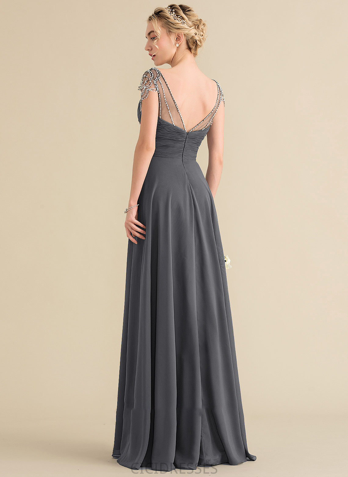 Floor-Length Sequins Fabric Neckline Embellishment A-Line Length Silhouette V-neck Beading Ruffle Joselyn Bridesmaid Dresses