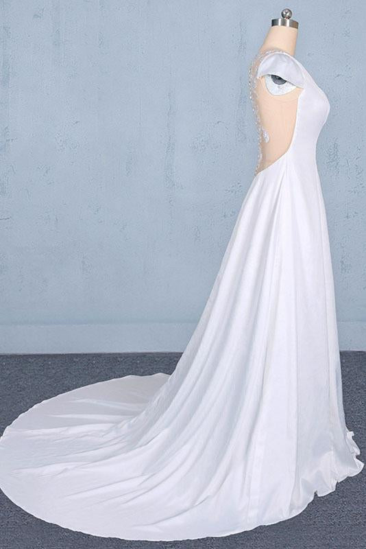 Simple A Line Cap Sleeves Wedding Dress with Lace, Long Bridal Dress with Lace N2351