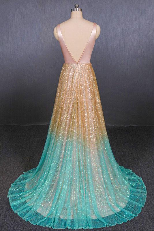 Ombre Deep V Neck Sleeveless A Line Prom Dress, Ombre Backless Shiny Evening Dress N2334