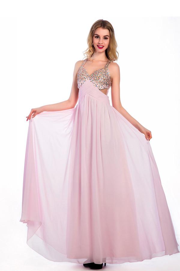 Floor-length Pink Chiffon V-neck Prom Dresses Homecoming Dress ED37