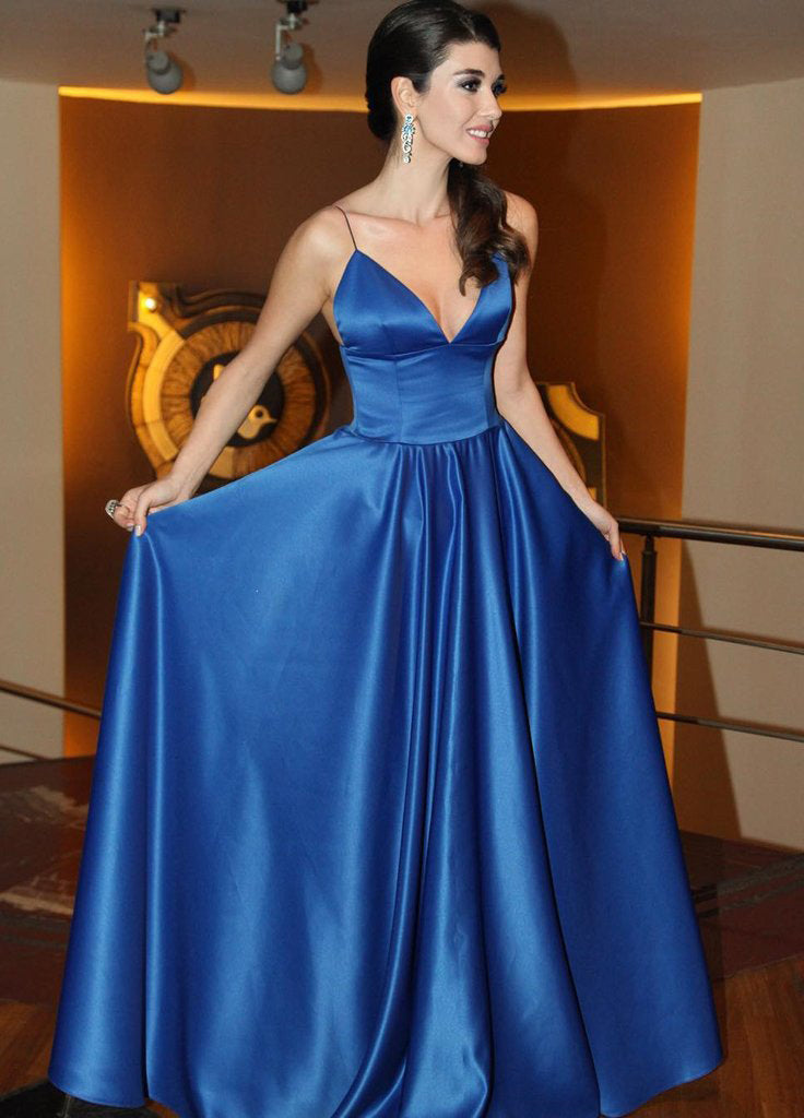 rebe gown 2024 Blue Prom Dresses Spaghetti Straps A-Line Satin