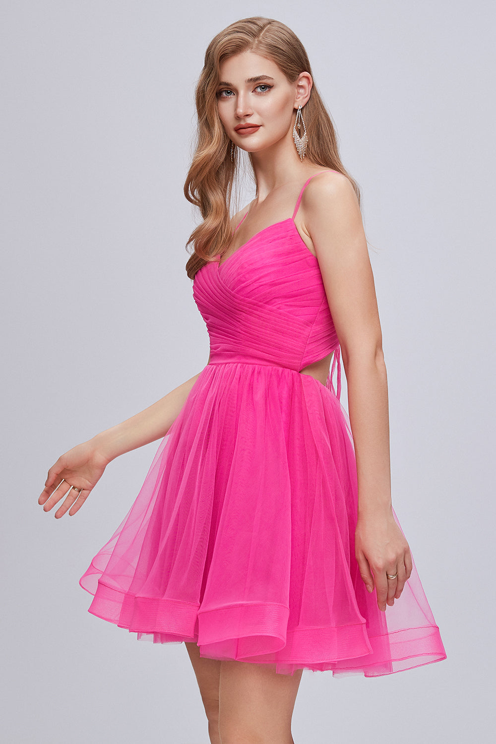 Cute Hot Pink Spaghetti Strap V Neck Tulle Homecoming Dresses