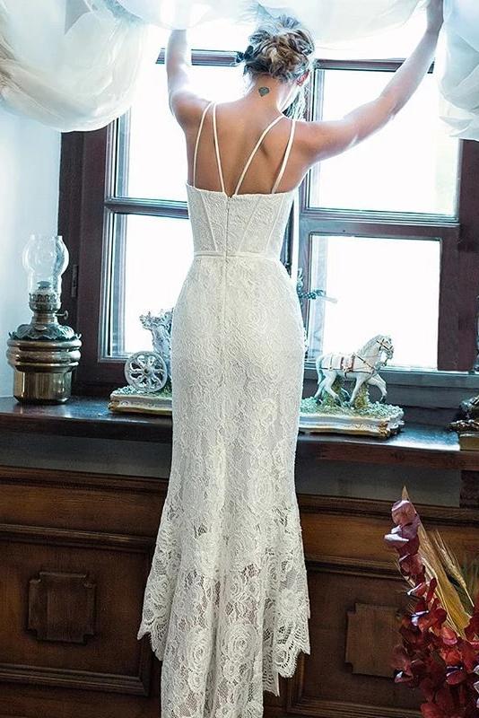 Sheath Lace Prom Dress, Unique Lace Wedding Dress with Ruffles N2239