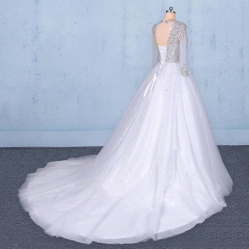 Puffy Long Sleeves Tulle White Wedding Dress, Shiny Long Bridal Dresses N2345