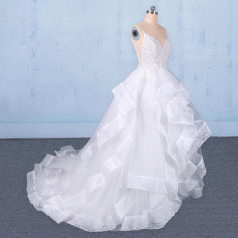 Spaghetti Straps Floor Length Tulle Wedding Dress with Ruffles, Long Bridal Dress N2347