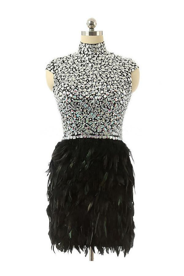 High Neck Knee-length Feather Prom Dresses Homecoming Dress ED39