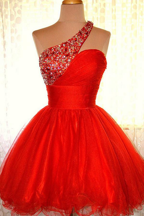 One shoulder Red Organza Prom Dresses Homecoming Dress ED40